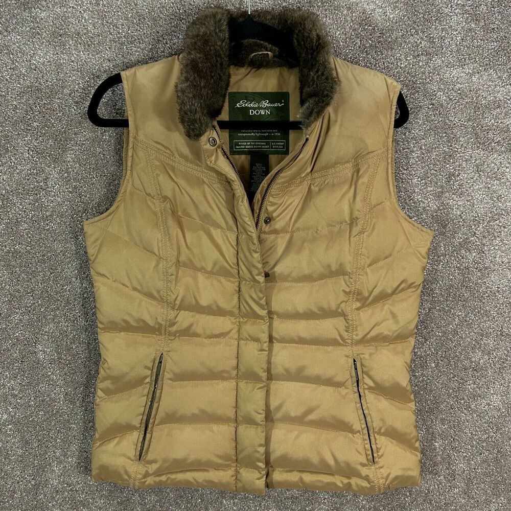 Eddie Bauer Vest Womens Small Tan Quilted Goose Down Faux Fur Collar Full Zip
